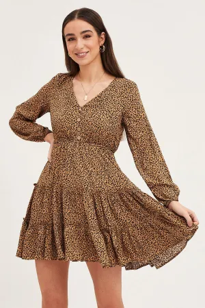 Street Style HygroscopicFiber Print Skater Dress Long Sleeve Mini
