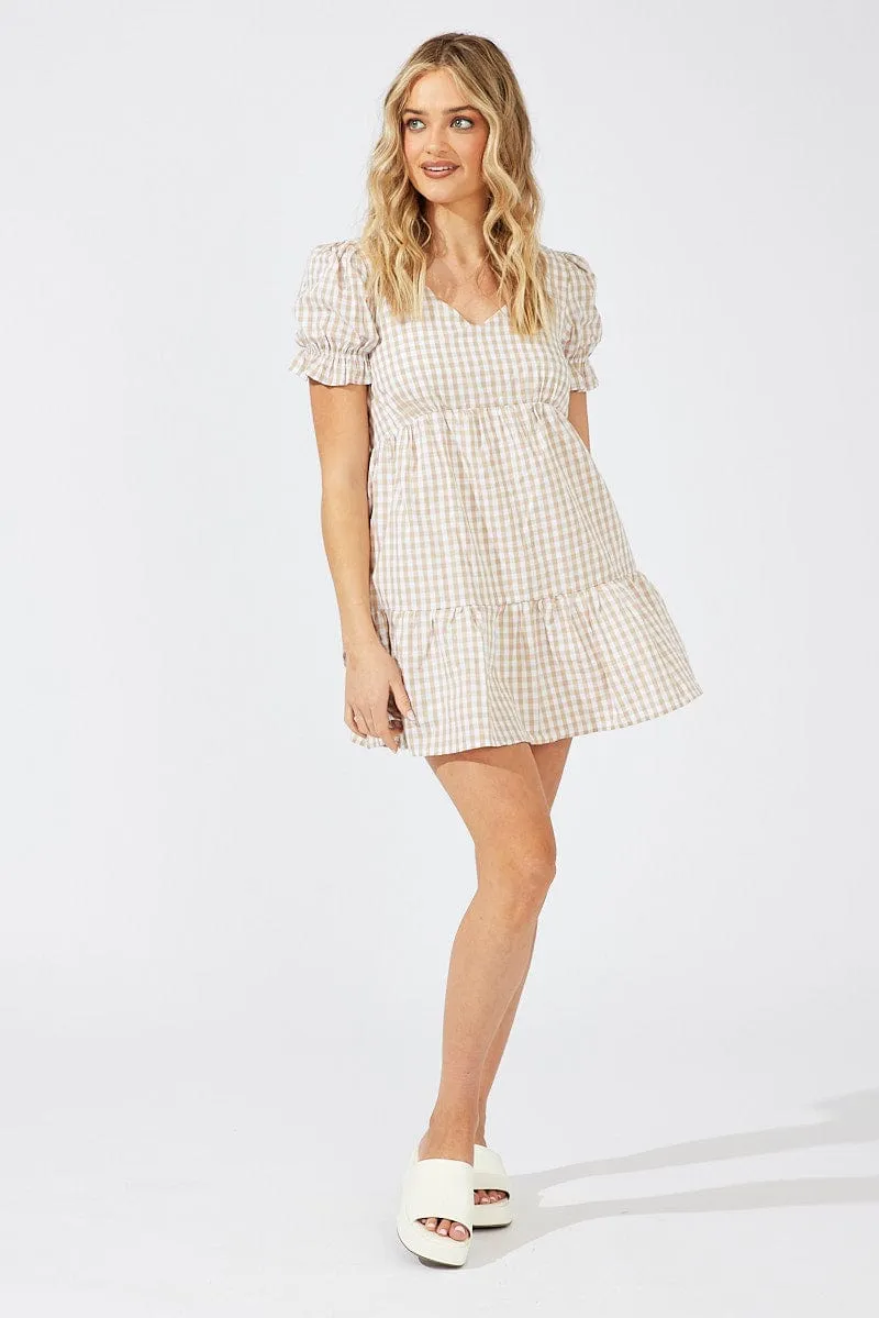 Modern Chic Relaxed Fit Beige Check Smock Dress Short Sleeve Tiered