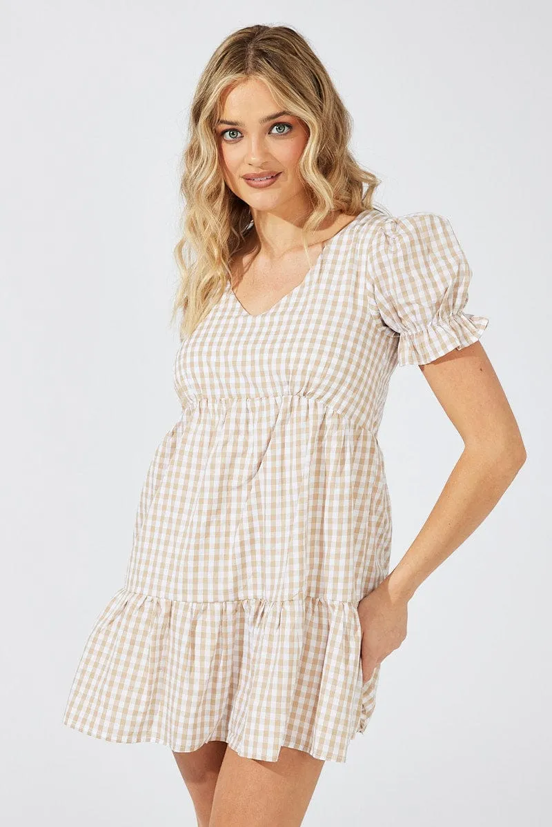 Beige Check Smock Dress Short Sleeve Tiered Timeless Skirt