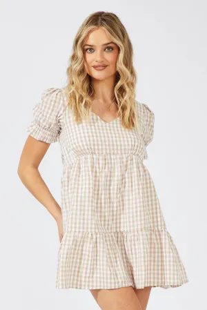 Beige Check Smock Dress Short Sleeve Tiered Wind Ease AntimicrobialTreatment