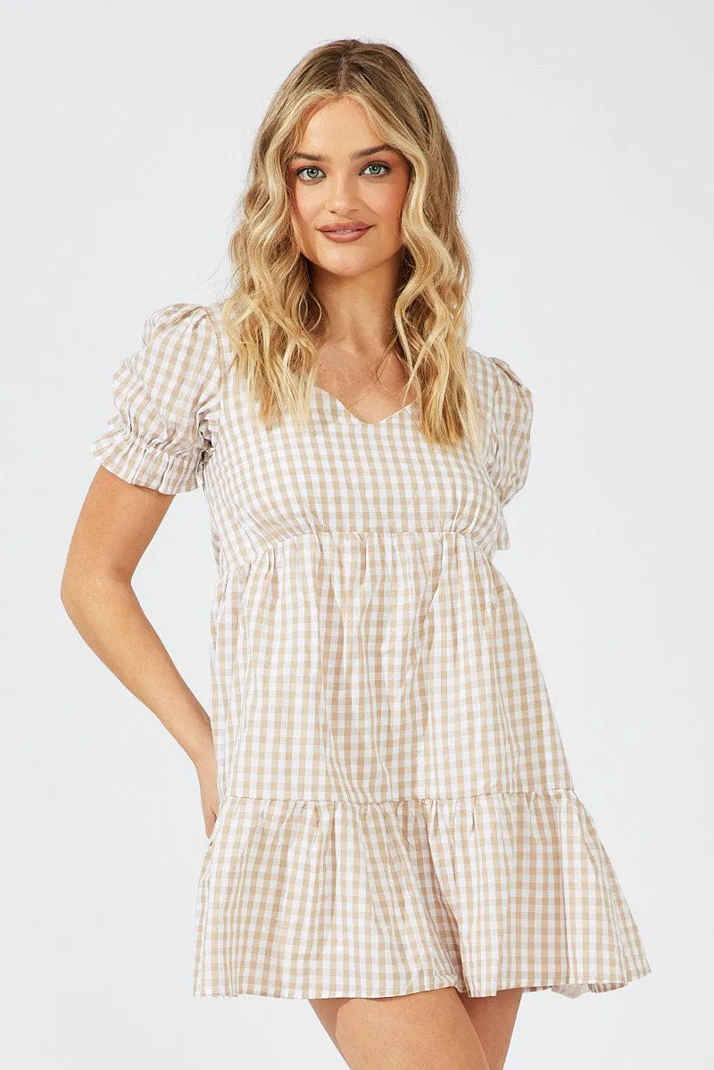 Beige Check Smock Dress Short Sleeve Tiered Wind Ease AntimicrobialTreatment