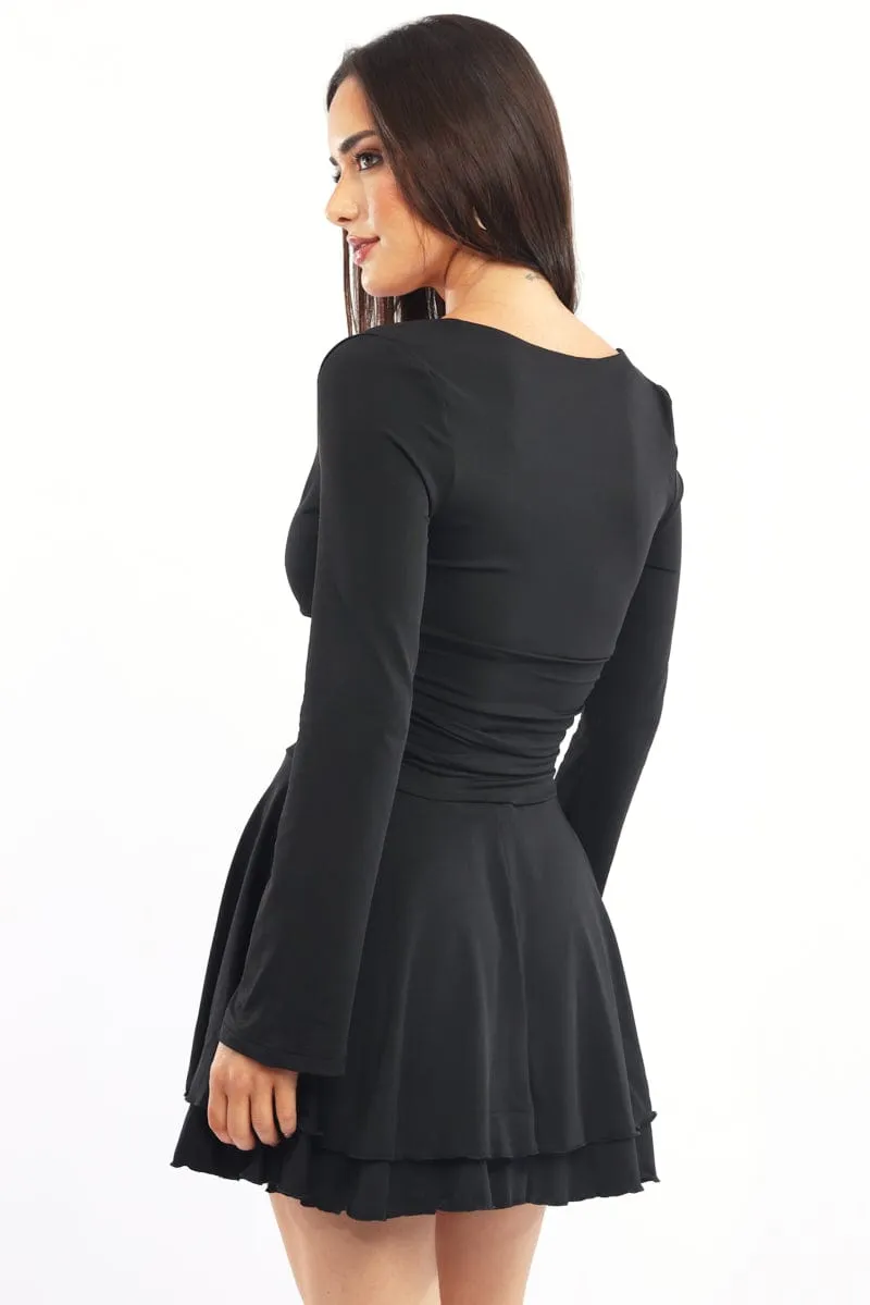 Black Fit And Flare Dress Bell Sleeve NonRestrictiveFit