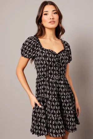 sporty wear Cozy Wrap Black Geo Fit And Flare Dress Puff Sleeve