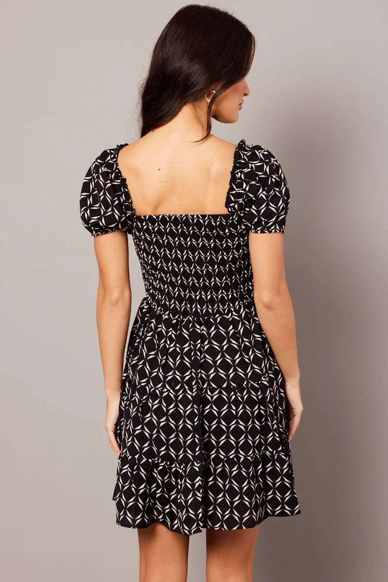 Pure Fit Black Geo Fit And Flare Dress Puff Sleeve