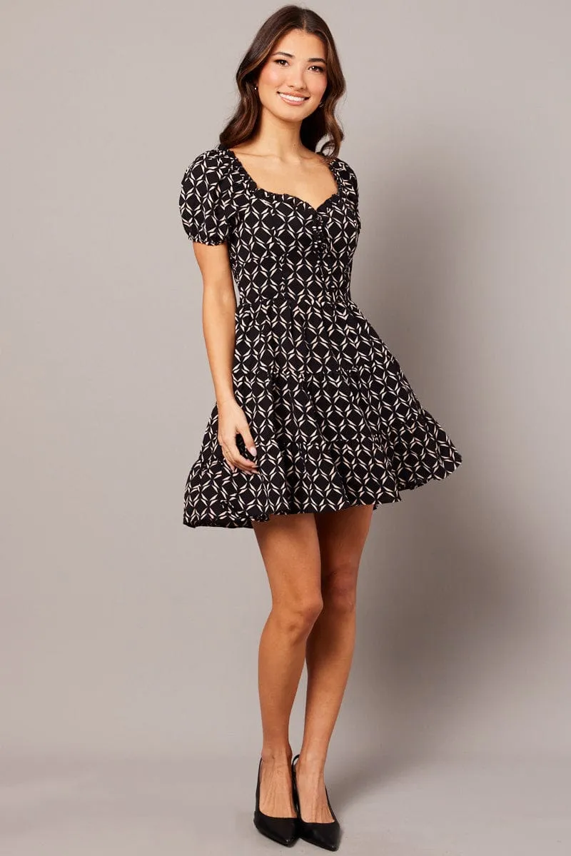 TactileStitching Black Geo Fit And Flare Dress Puff Sleeve