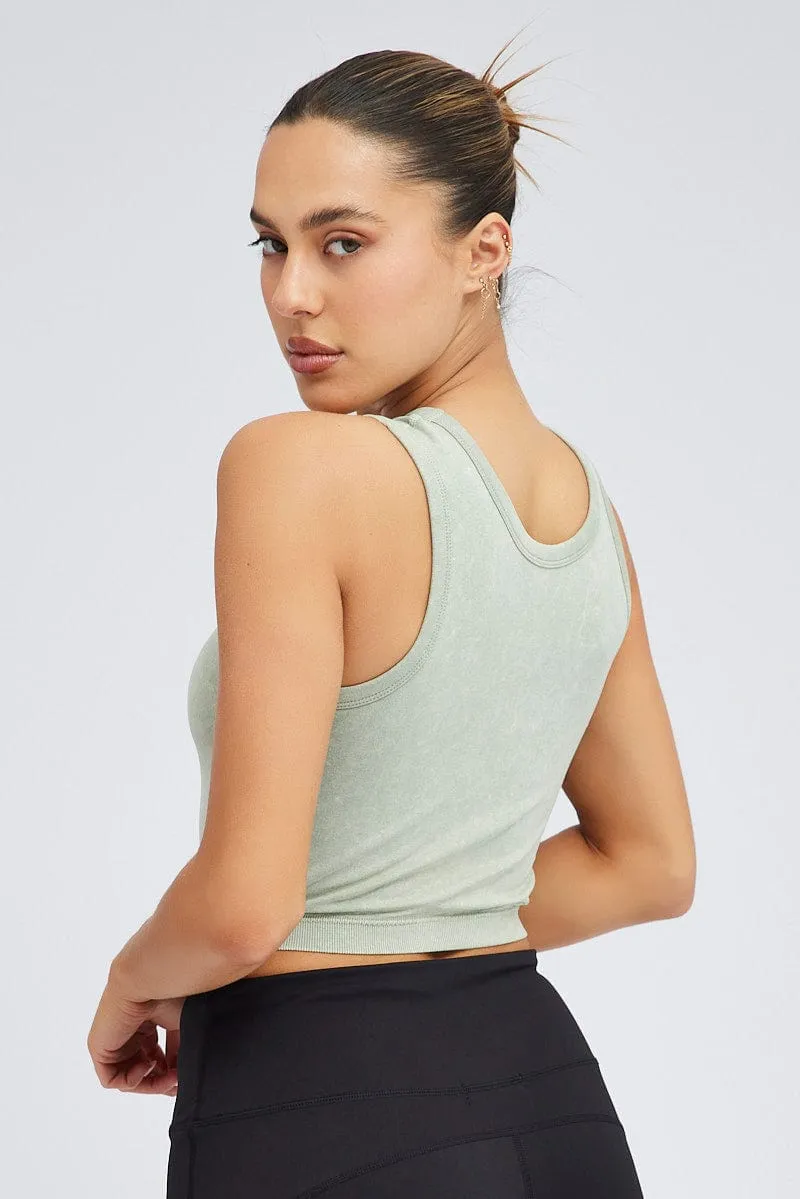 Green Tank Top Crew Neck Washed Seamless casual top