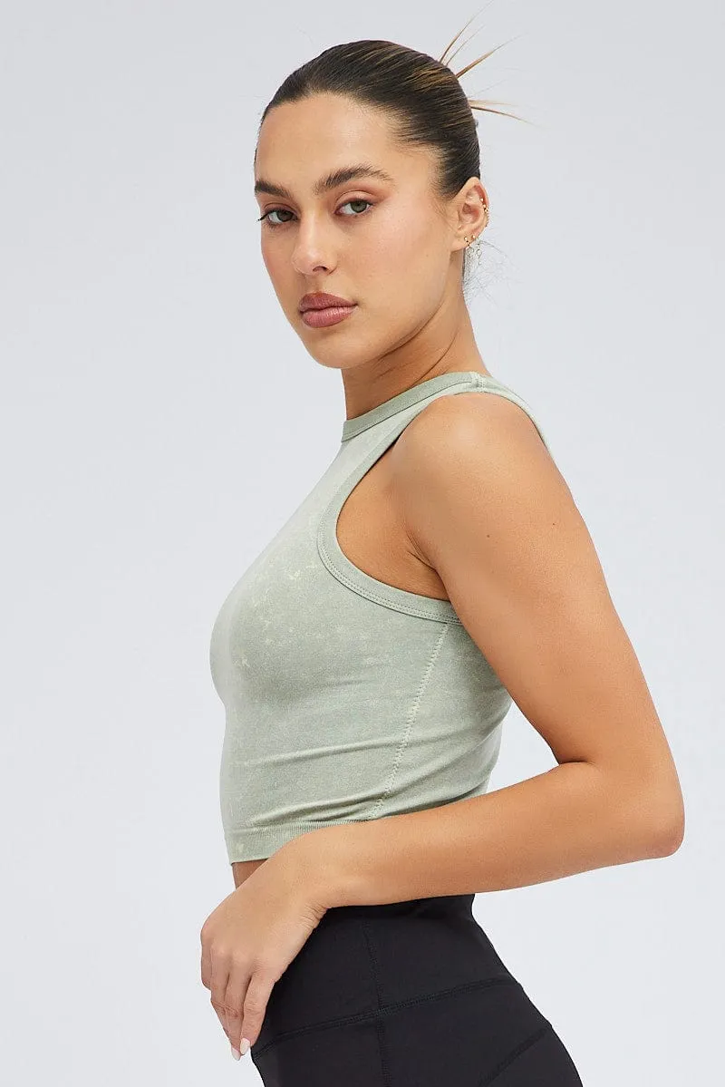 Green Tank Top Crew Neck Washed Seamless Teen Fresh