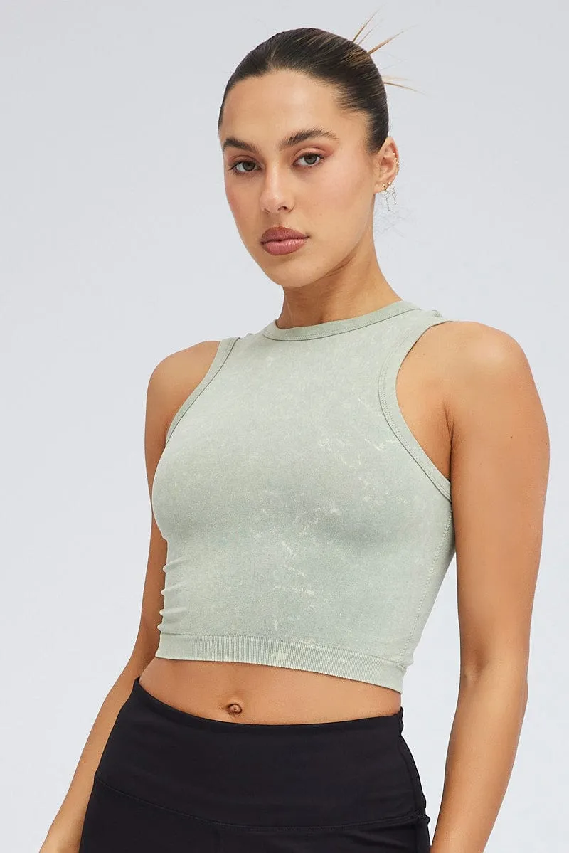 Green Tank Top Crew Neck Washed Seamless LowProfile Fasteners mesh ventilation