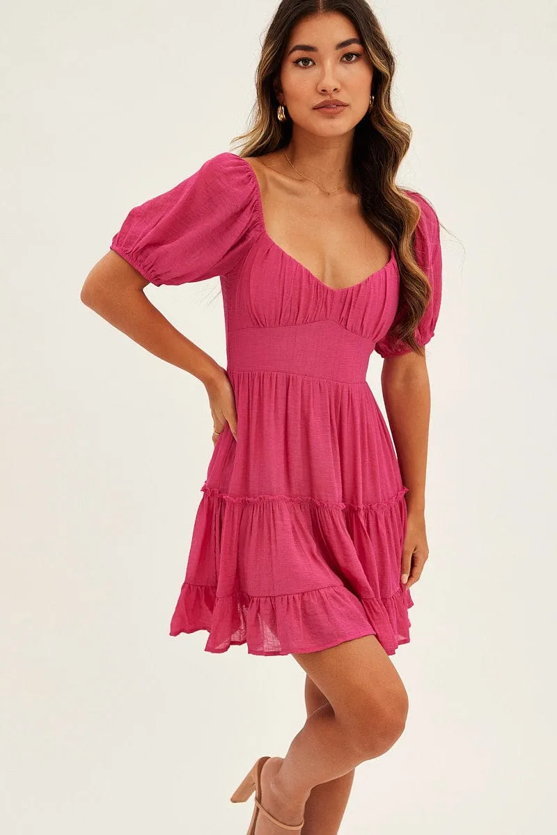 Hot Core Pink Fit And Flare Dress Puff Sleeve Sweetheart Neck