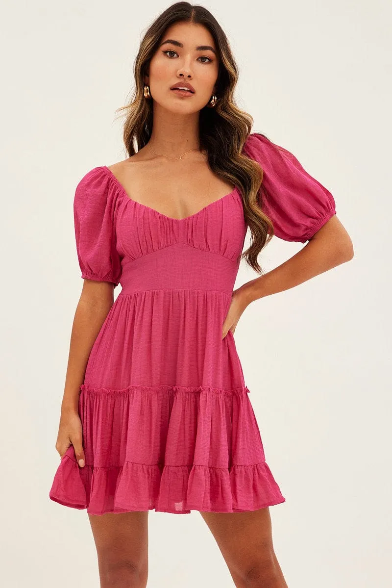 Halo Glow Pink Fit And Flare Dress Puff Sleeve Sweetheart Neck