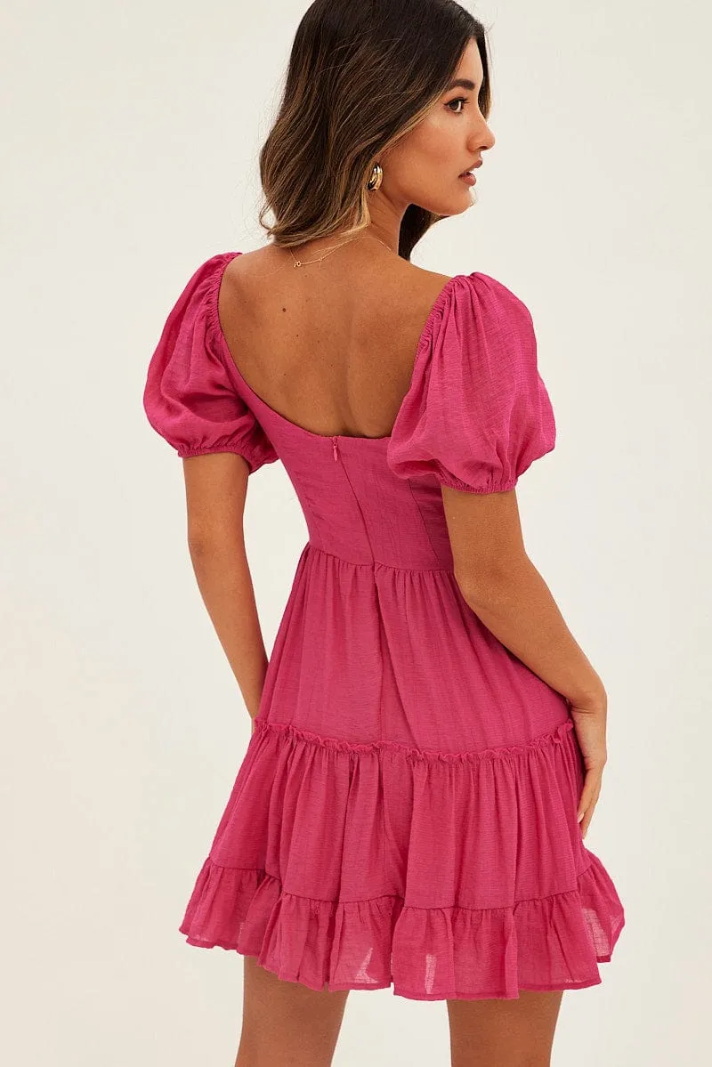 Basic Core Pink Fit And Flare Dress Puff Sleeve Sweetheart Neck