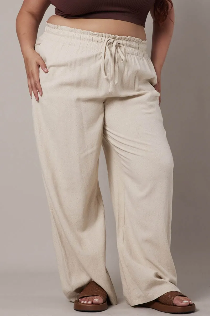 Formal Look Beige Wideleg Pants Paperbag Elastic Waist Linen Blend