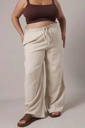 Simple Utility Beige Wideleg Pants Paperbag Elastic Waist Linen Blend