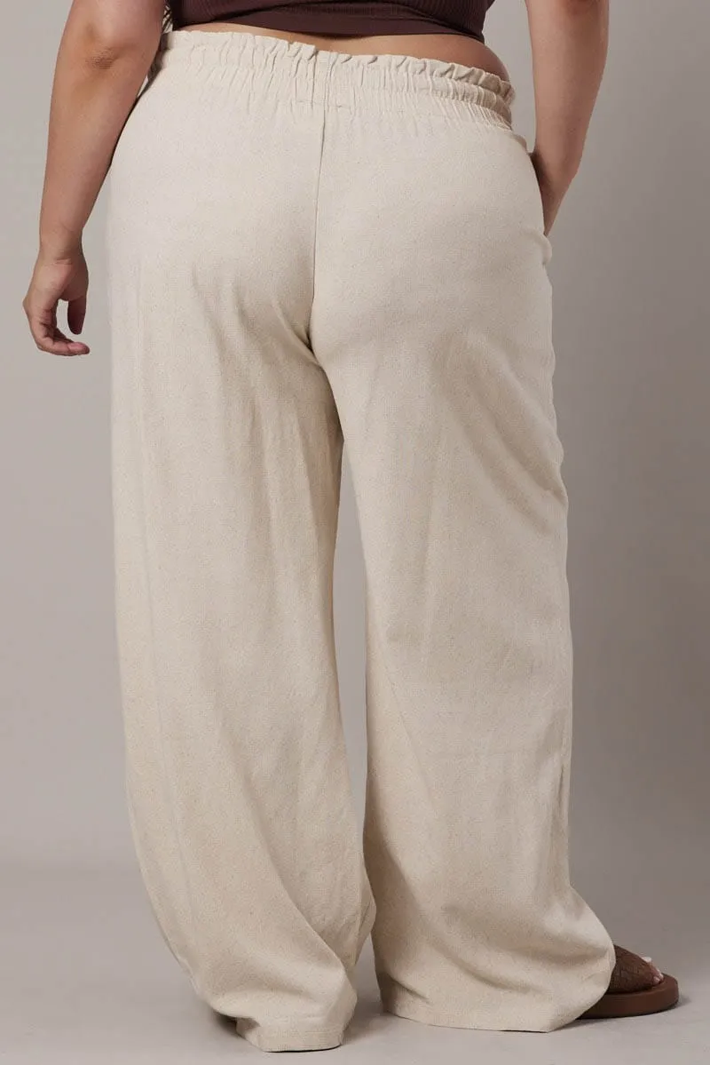 Practical Wear Beige Wideleg Pants Paperbag Elastic Waist Linen Blend