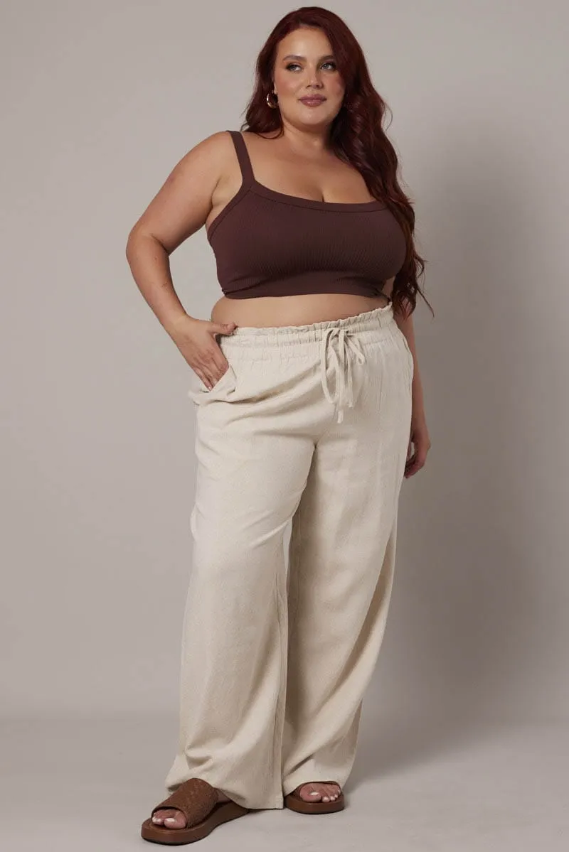 Beige Wideleg Pants Paperbag Elastic Waist Linen Blend Breathable Mesh Panels