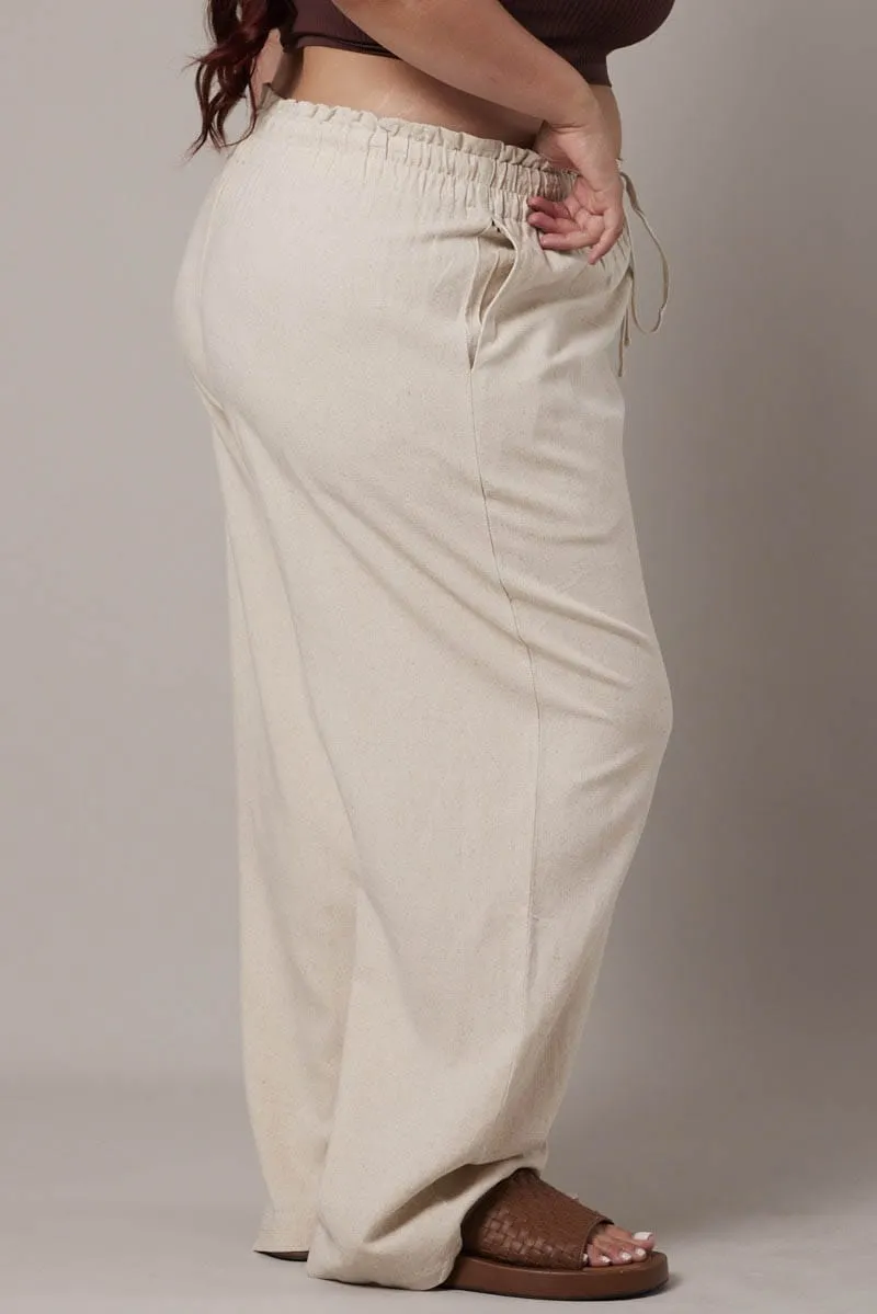 All Season Versatility SeamlessPocketDesign Beige Wideleg Pants Paperbag Elastic Waist Linen Blend