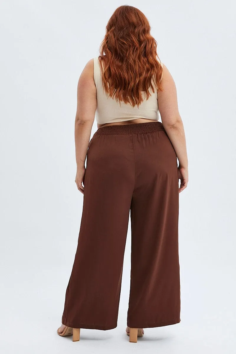Slim Stretch Timeless Fit Brown Wideleg Pants Satin Shirred Waist Pockets