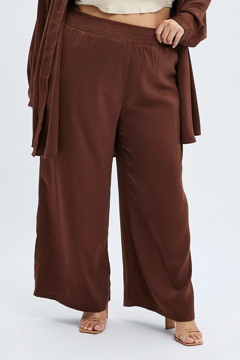 Brown Wideleg Pants Satin Shirred Waist Pockets Reflective accents