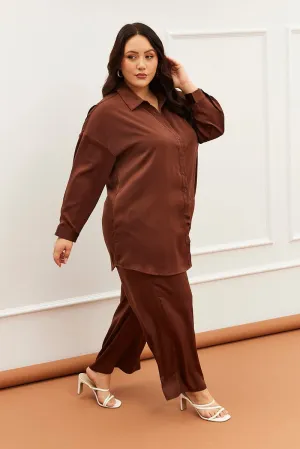 Easy Wear Temperature Regulating Fabric Brown Wideleg Pants Satin Shirred Waist Pockets
