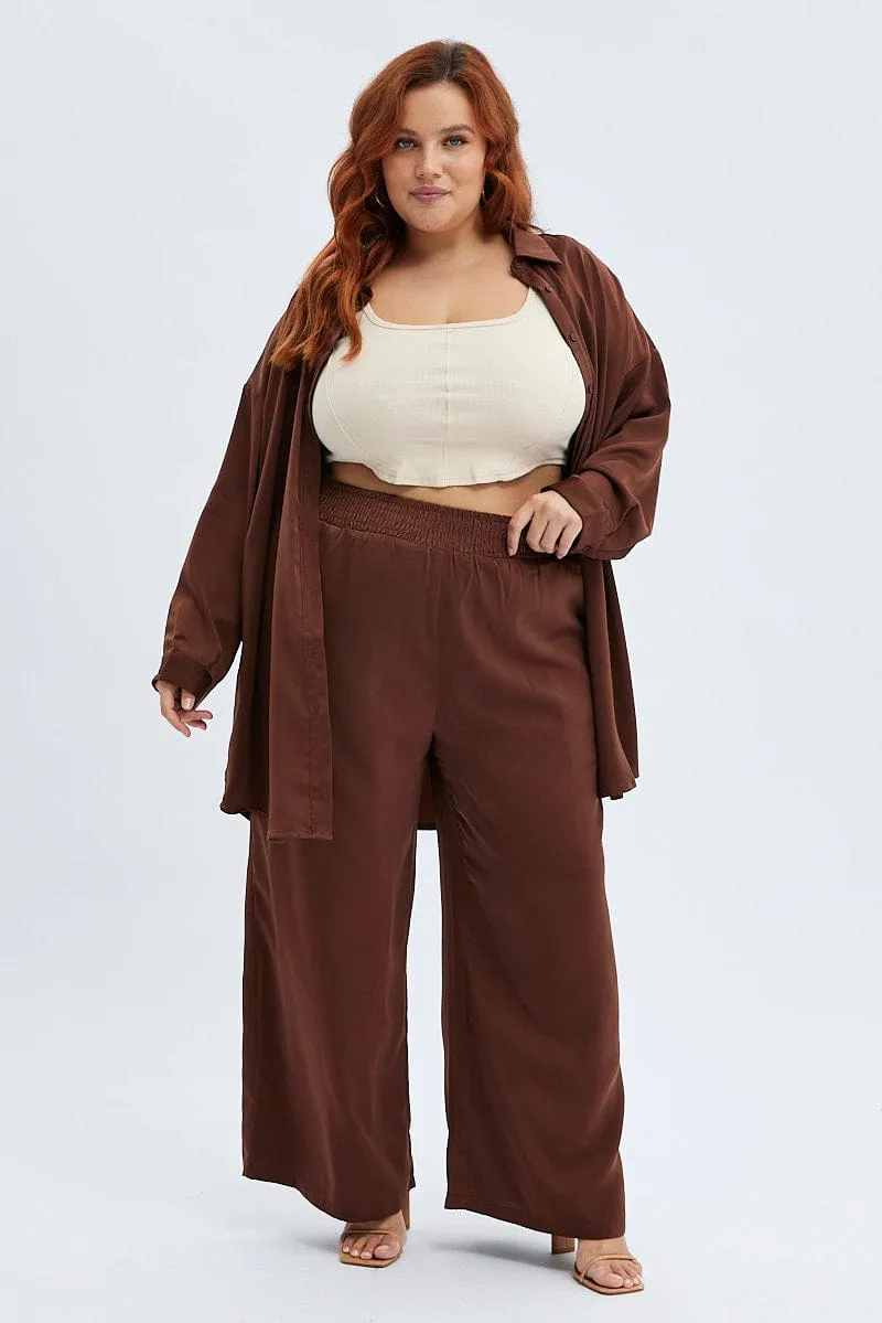 Versatile Design Brown Wideleg Pants Satin Shirred Waist Pockets