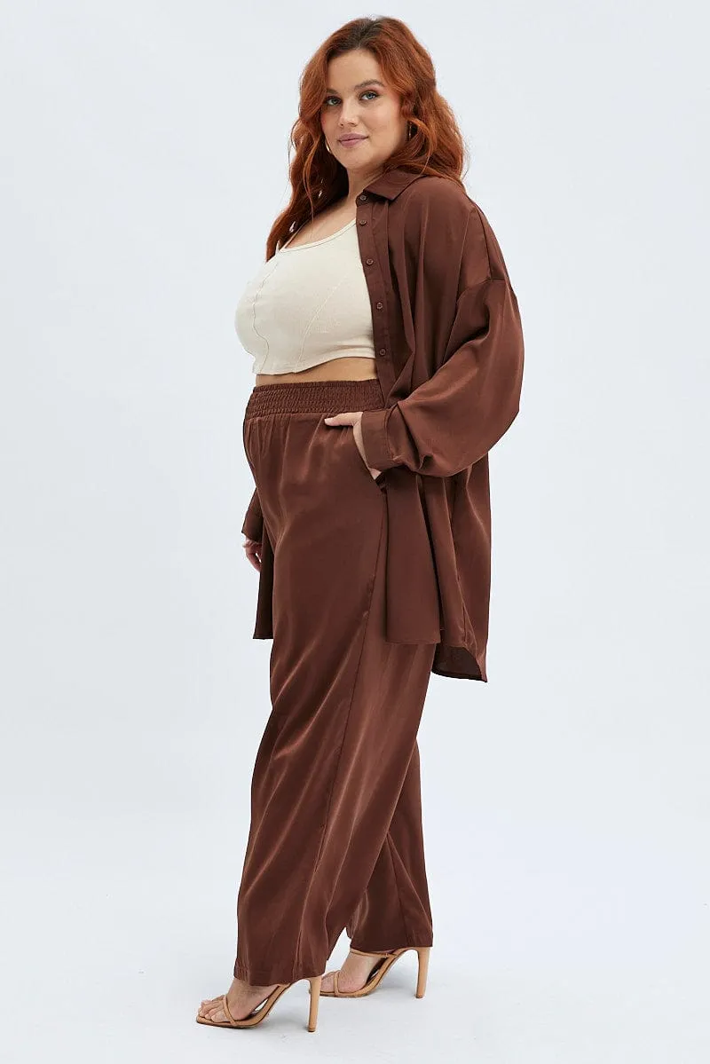 Stylish Look AntiSnagZippers Brown Wideleg Pants Satin Shirred Waist Pockets