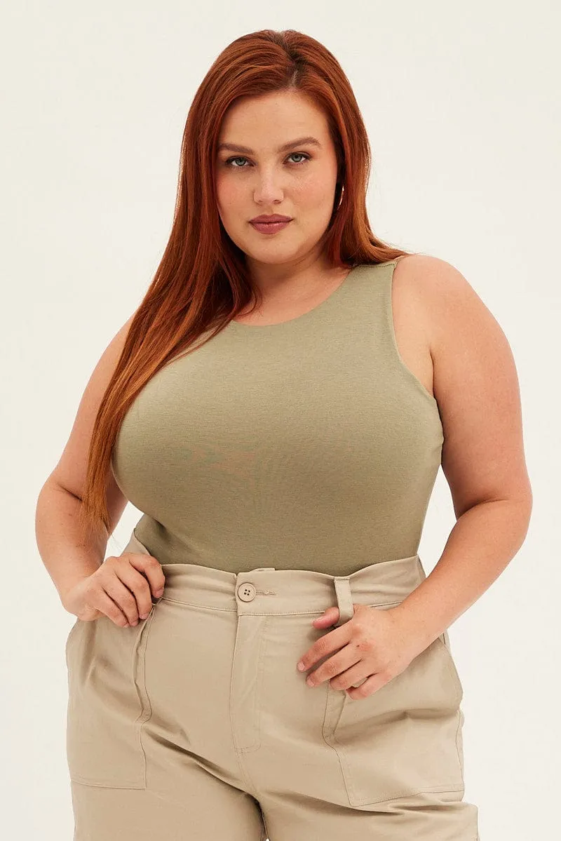 Green Bodysuit Sleeveless Crew Neck ShrinkResistant