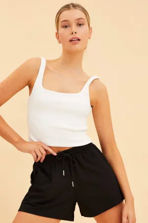 Cold Weather Outfit Smooth Line White Crop Tank Square Neck Cotton Blend Rib