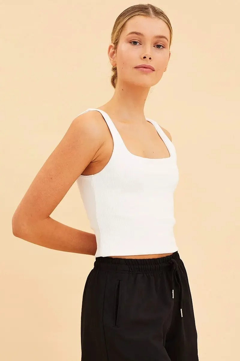 White Crop Tank Square Neck Cotton Blend Rib SplitHemDesign