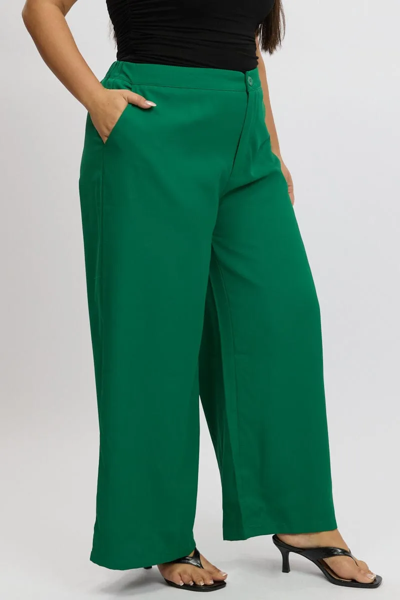 Green Tailored Wide Leg Pant Elastic Back Waistband Stretch waistband