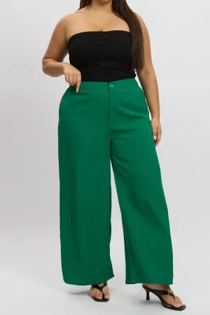 Multipurpose Design Green Tailored Wide Leg Pant Elastic Back Waistband