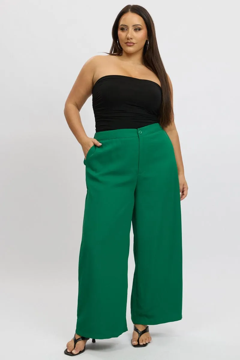 Green Tailored Wide Leg Pant Elastic Back Waistband Stretch Ready