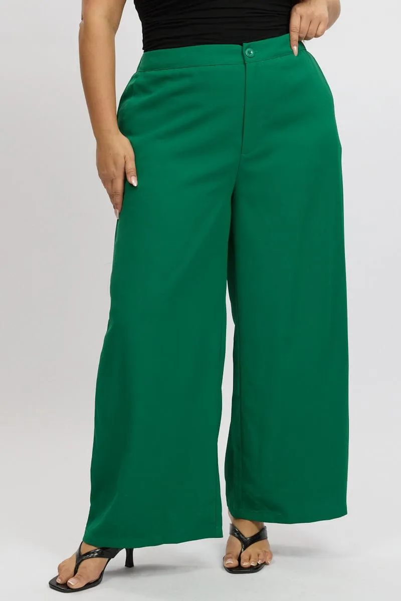 Green Tailored Wide Leg Pant Elastic Back Waistband Sleek Comfort
