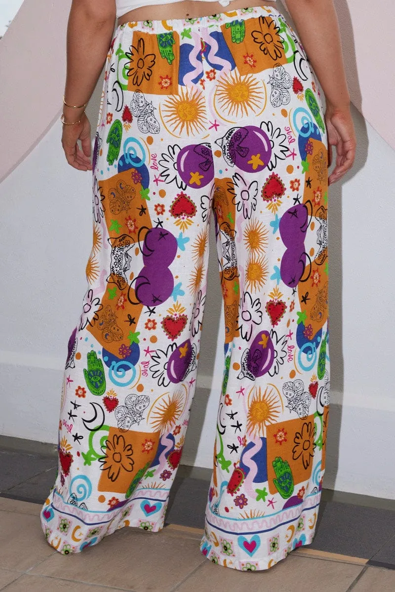 Casual Office Multi Abstract Drawstring Waist Linen Blend Wide Leg Pants