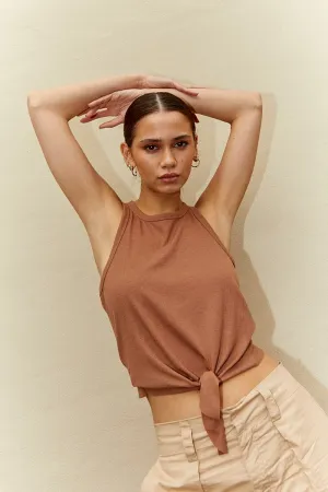 Semi Formal Beige Rib Knot Front Tank Top