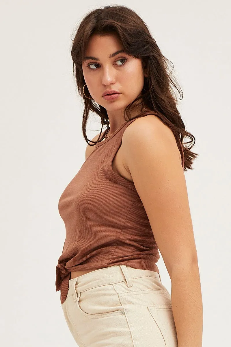 Beige Rib Knot Front Tank Top Modular Attachment System
