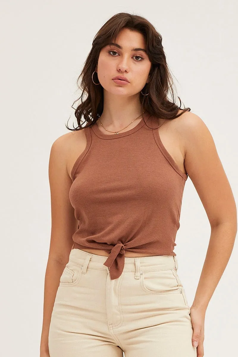 Charm Core Beige Rib Knot Front Tank Top