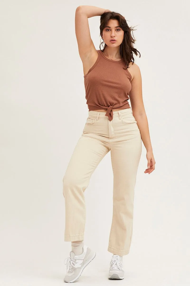 Cotton Glow Beige Rib Knot Front Tank Top