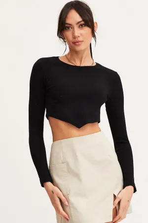 Black Crop Top Long Sleeve Crew Neck Seamless HeavyDuty Zipper