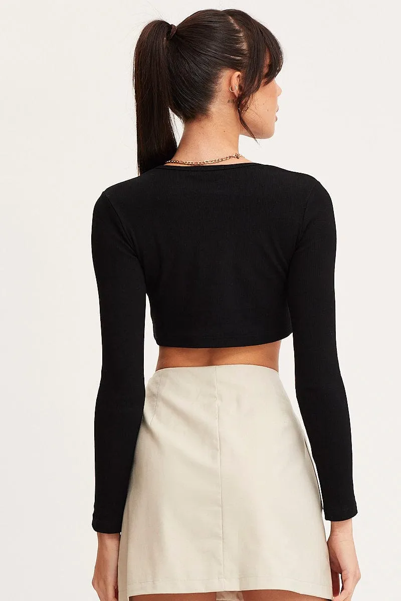 Black Crop Top Long Sleeve Crew Neck Seamless SlipResistantWaistband
