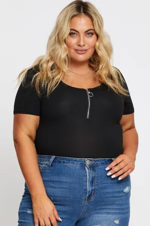 Black Jersey Bodysuit Ring Zip Front Short Sleeve Royal Ease