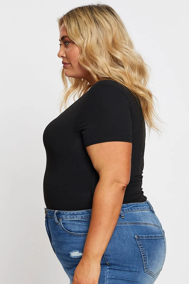 Soft Motion Black Jersey Bodysuit Ring Zip Front Short Sleeve