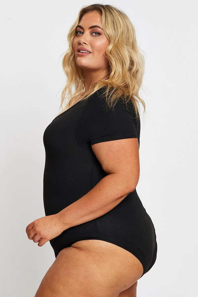 Black Jersey Bodysuit Ring Zip Front Short Sleeve FadeResistant Color Future Glow