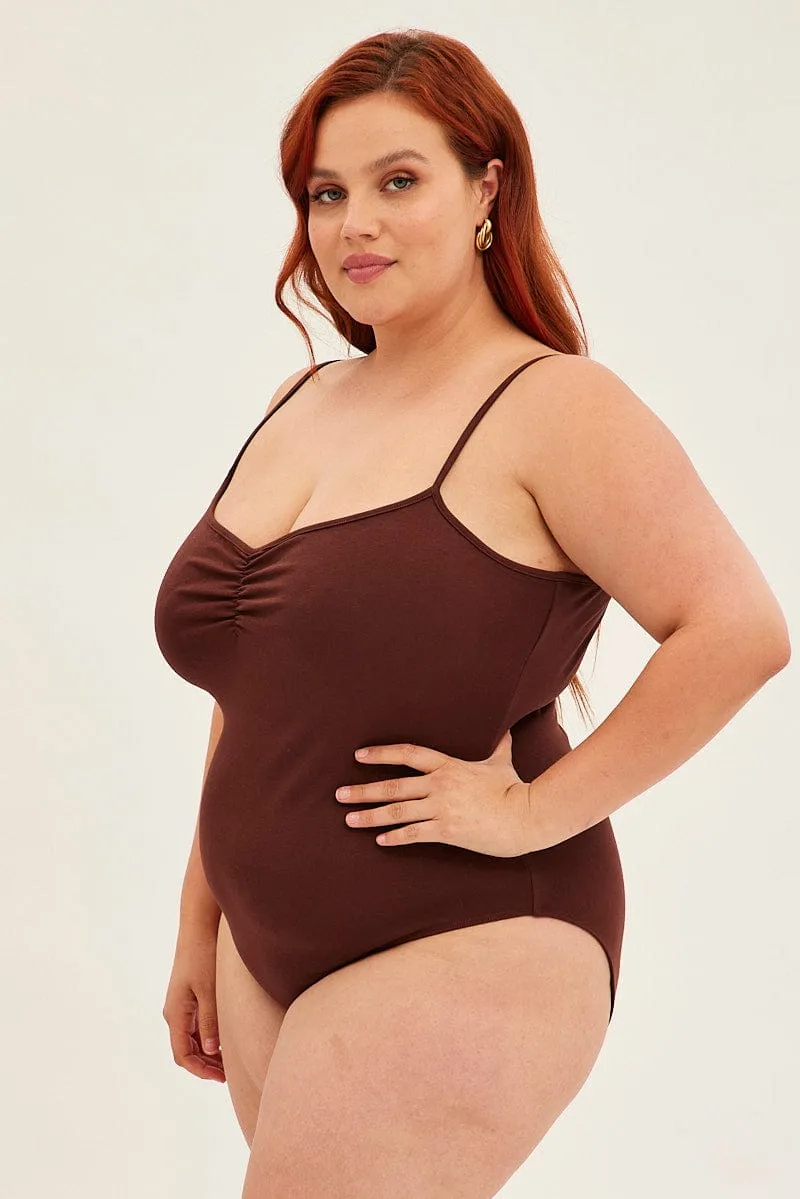 Brown Bodysuit Singlet City Casual Smooth Yarn