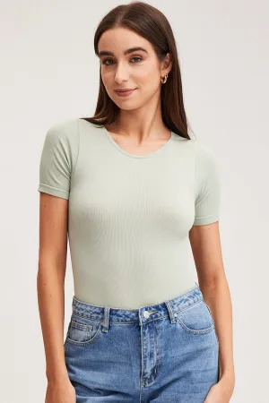 Green Bodysuit Short Sleeve Crew Neck Seamless Comfortable Outfit SeamlessFit