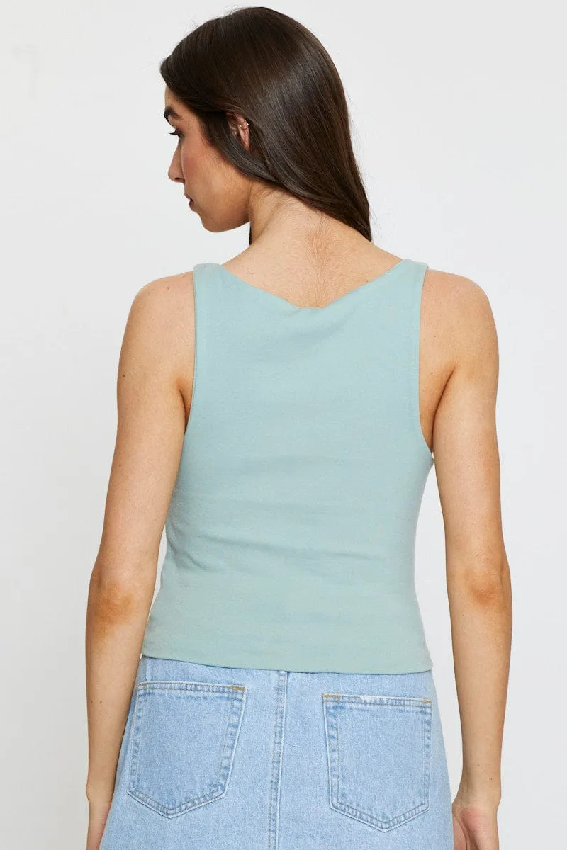 Green Tank Top Sleeveless MultiPanelDesign AdjustableHemline