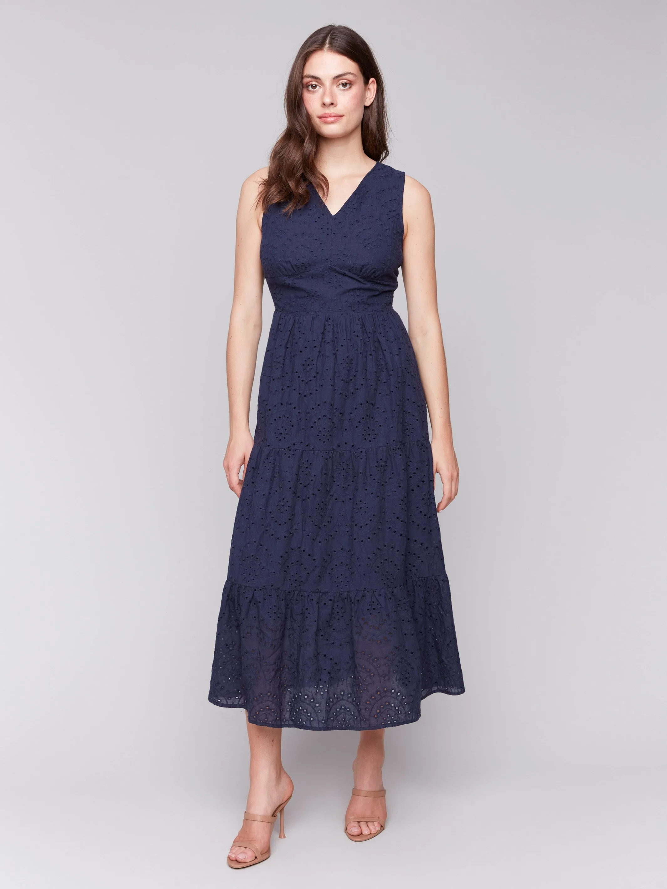Classic Mode Long Sleeveless Cotton Eyelet Dress - Navy