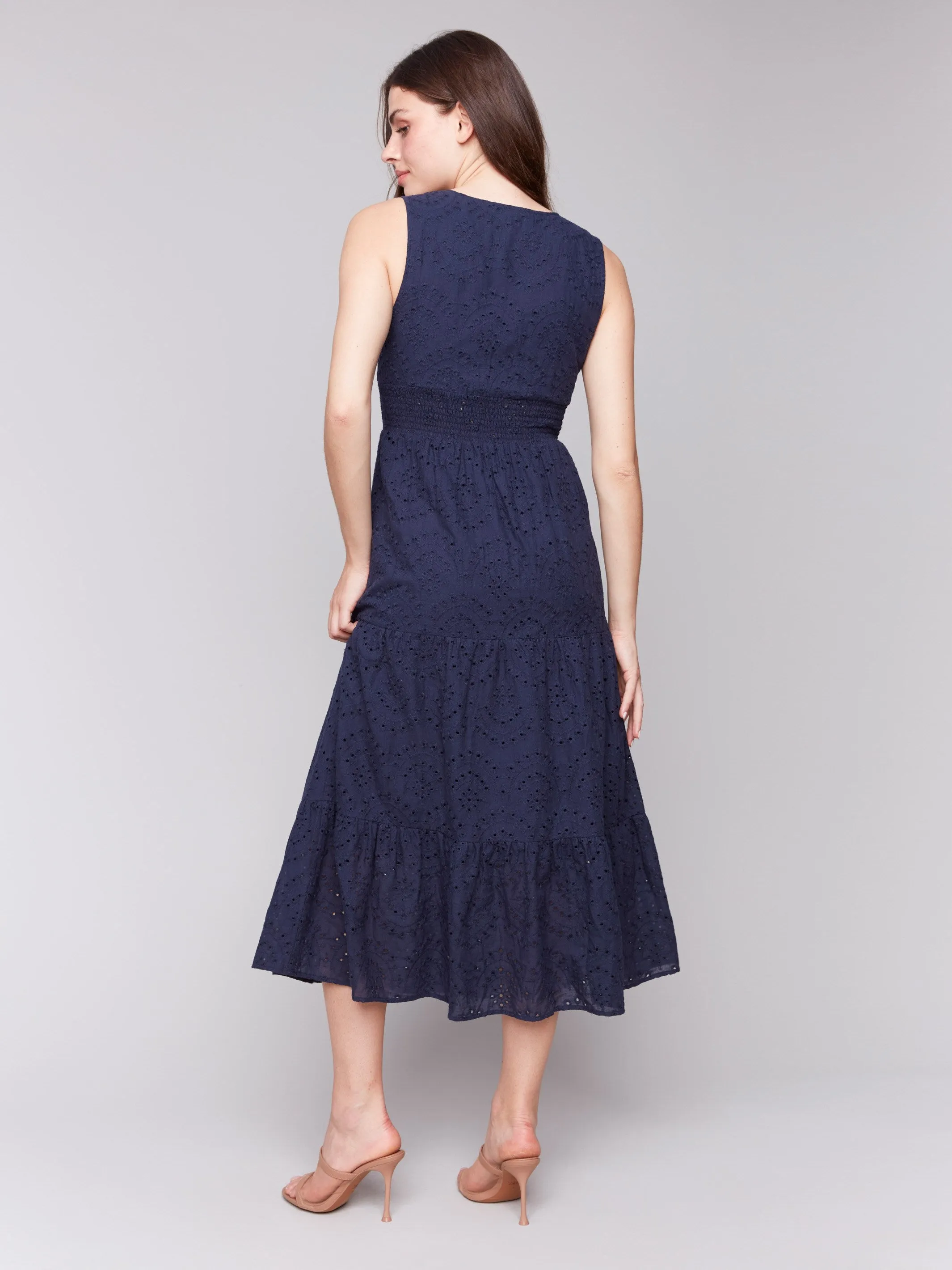 Long Sleeveless Cotton Eyelet Dress - Navy Game Core Adjustable drawstring