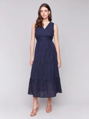 Sky Mood Modern Chic Long Sleeveless Cotton Eyelet Dress - Navy
