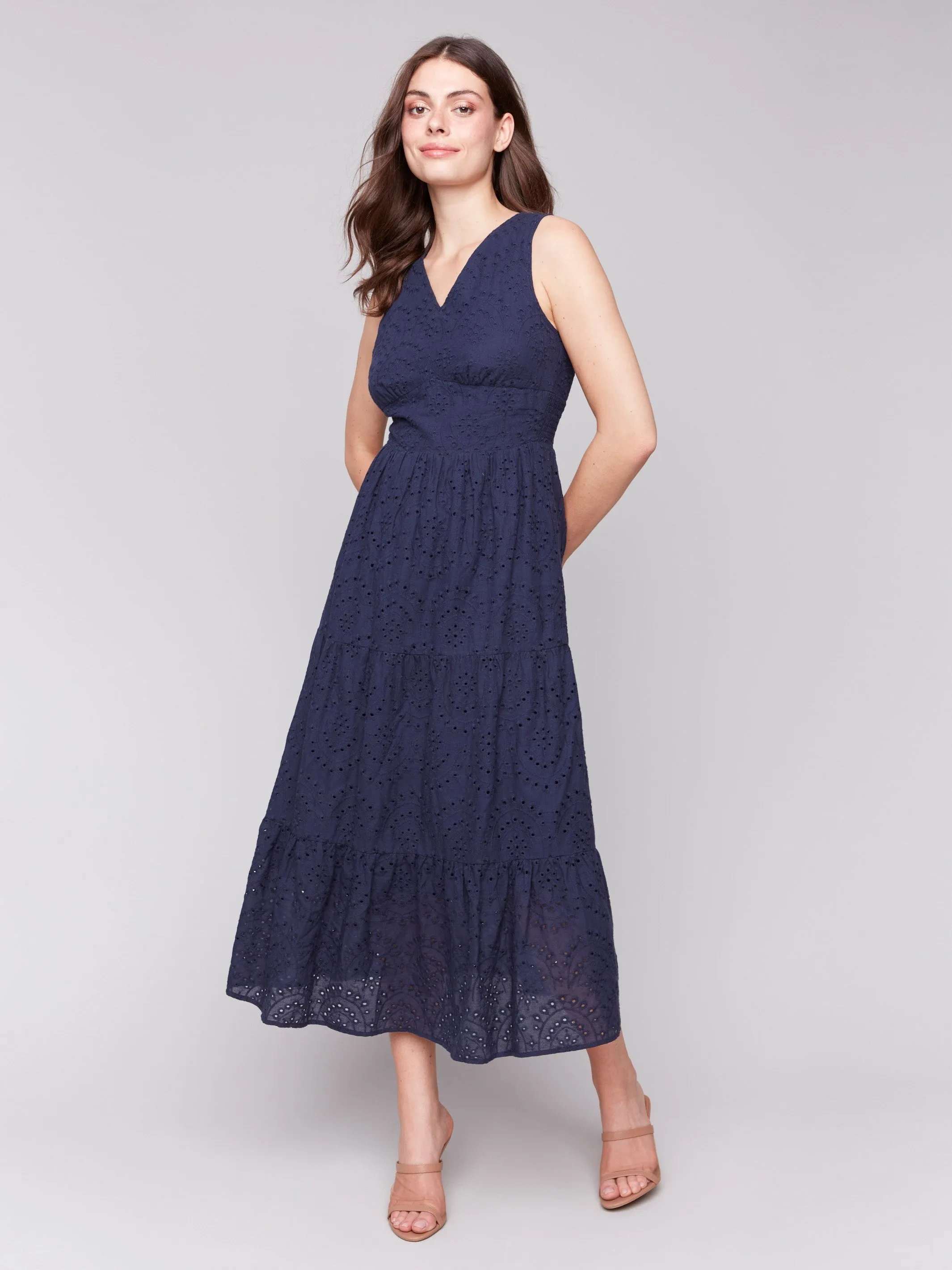 StretchableMaterial Long Sleeveless Cotton Eyelet Dress - Navy