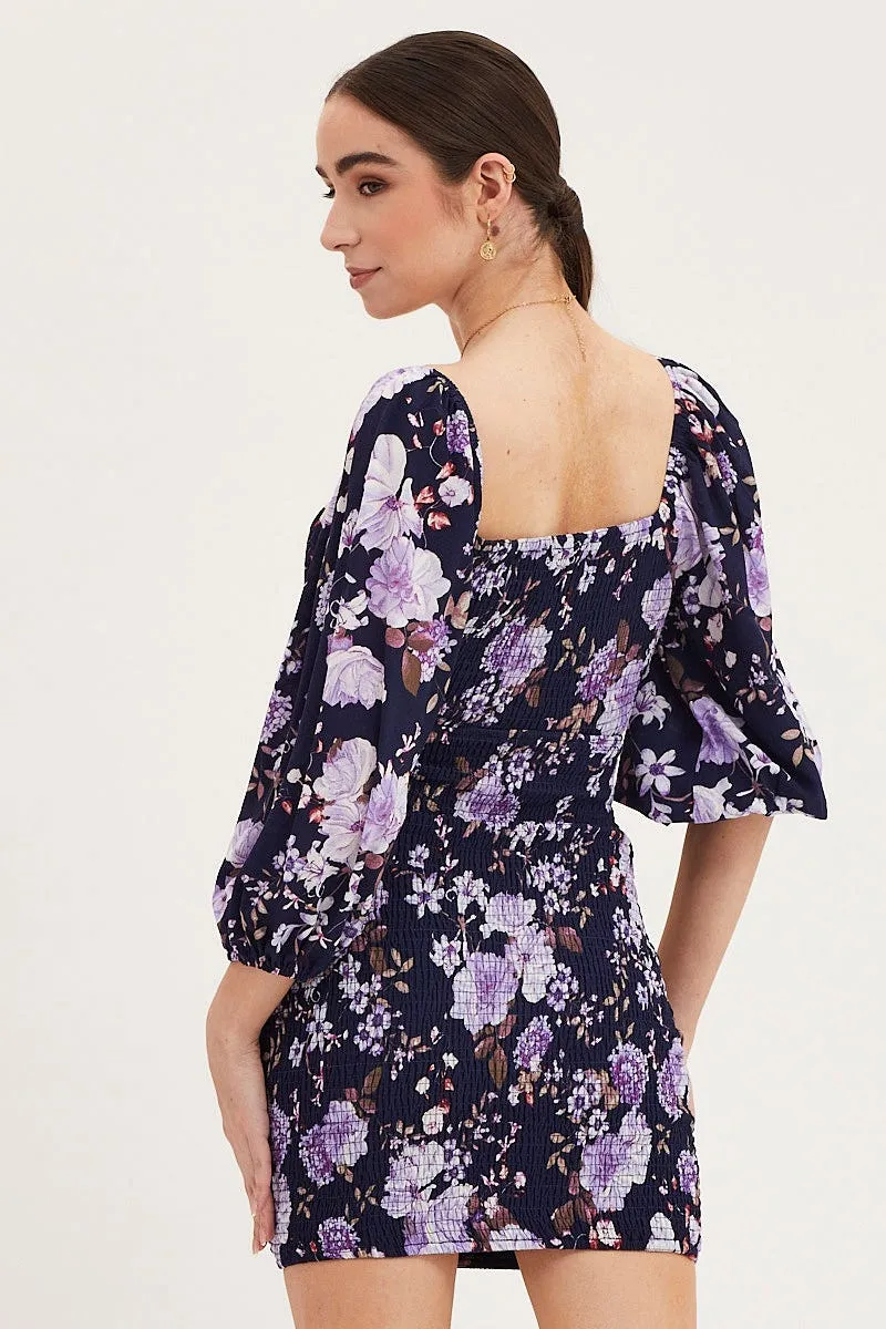 ElasticCuffDesign PillingResistant Print Shirred Dress Long Sleeve Mini